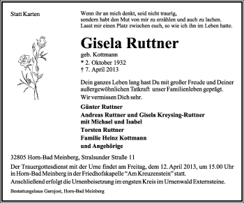 Anzeige  Gisela Ruttner  Lippische Landes-Zeitung