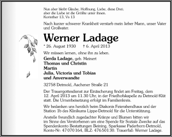 Anzeige  Werner Ladage  Lippische Landes-Zeitung