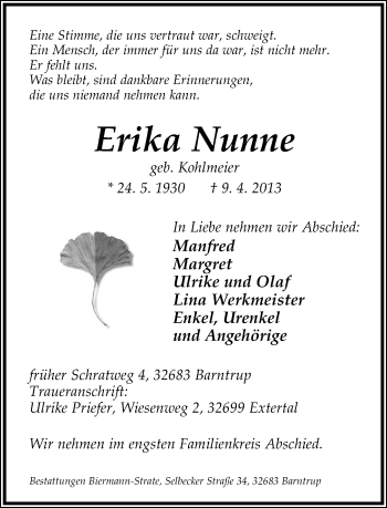 Anzeige  Erika Nunne  Lippische Landes-Zeitung