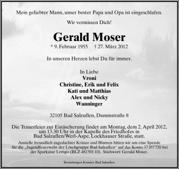 Anzeige  Gerald Moser  Lippische Landes-Zeitung