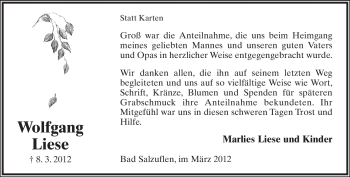 Anzeige  Wolfgang Liese  Lippische Landes-Zeitung