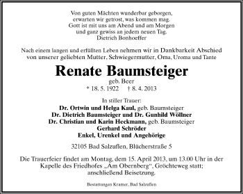 Anzeige  Renate Baumsteiger  Lippische Landes-Zeitung