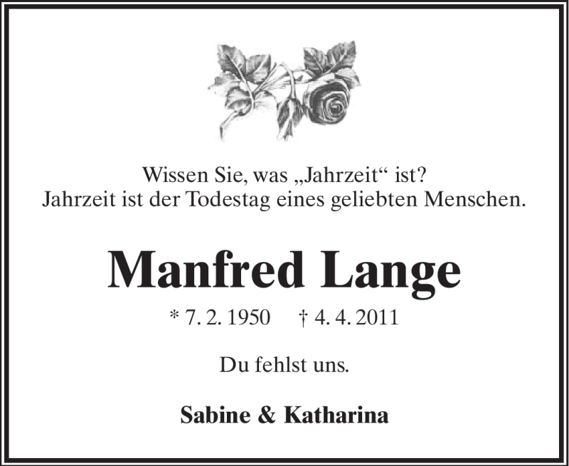  Traueranzeige für Manfred Lange vom 04.04.2012 aus Lippische Landes-Zeitung
