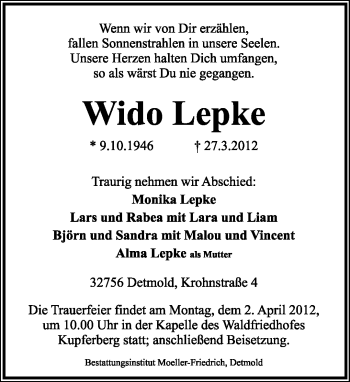 Anzeige  Wido Lepke  Lippische Landes-Zeitung