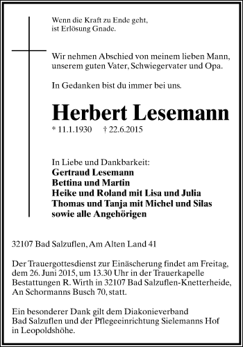 Anzeige  Herbert Lesemann  Lippische Landes-Zeitung