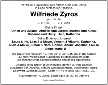 Anzeige  Wilfriede Zyros  Lippische Landes-Zeitung