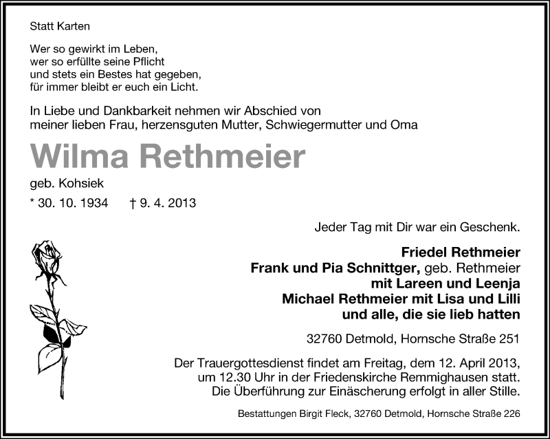  Traueranzeige für Wilma Rethmeier vom 10.04.2013 aus Lippische Landes-Zeitung