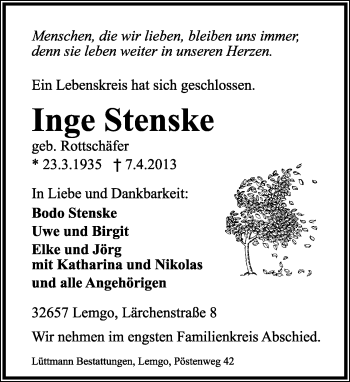 Anzeige  Inge Stenske  Lippische Landes-Zeitung