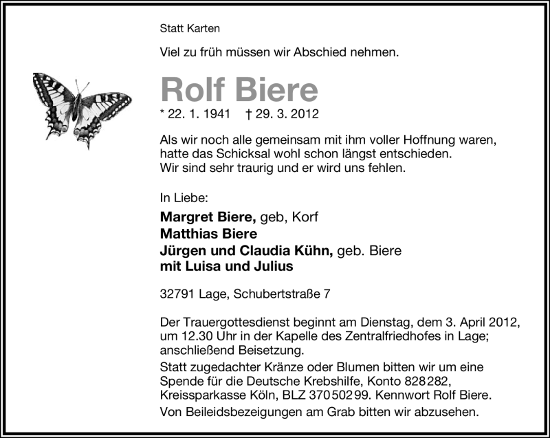  Traueranzeige für Rolf Biere vom 31.03.2012 aus Lippische Landes-Zeitung
