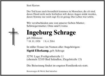 Anzeige  Ingeburg Schrage  Lippische Landes-Zeitung
