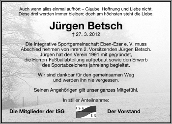 Anzeige  Jürgen Betsch  Lippische Landes-Zeitung