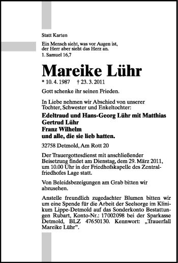 Anzeige  Mareike Lühr  Lippische Landes-Zeitung