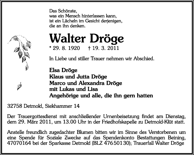  Traueranzeige für Walter Dröge vom 26.03.2011 aus Lippische Landes-Zeitung