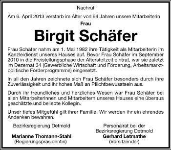 Anzeige  Birgit Schäfer  Lippische Landes-Zeitung