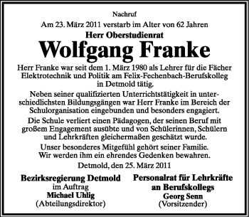 Anzeige  Wolfgang Franke  Lippische Landes-Zeitung