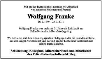 Anzeige  Wolfgang Franke  Lippische Landes-Zeitung