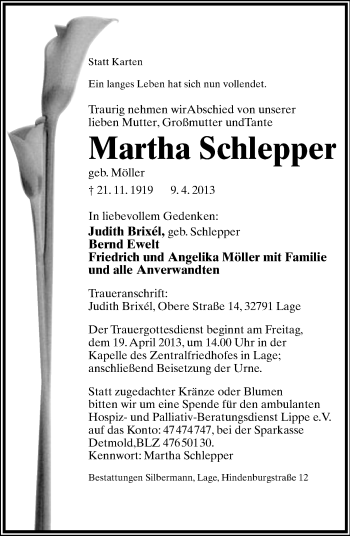Anzeige  Martha Schlepper  Lippische Landes-Zeitung
