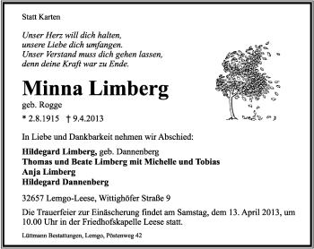 Anzeige  Minna Limberg  Lippische Landes-Zeitung