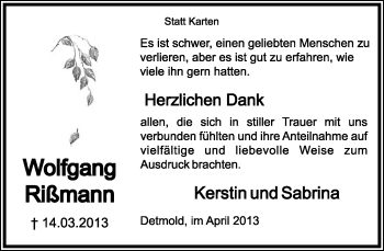 Anzeige  Wolfgang Rißmann  Lippische Landes-Zeitung