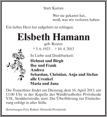 Anzeige  Elsbeth Hamann  Lippische Landes-Zeitung