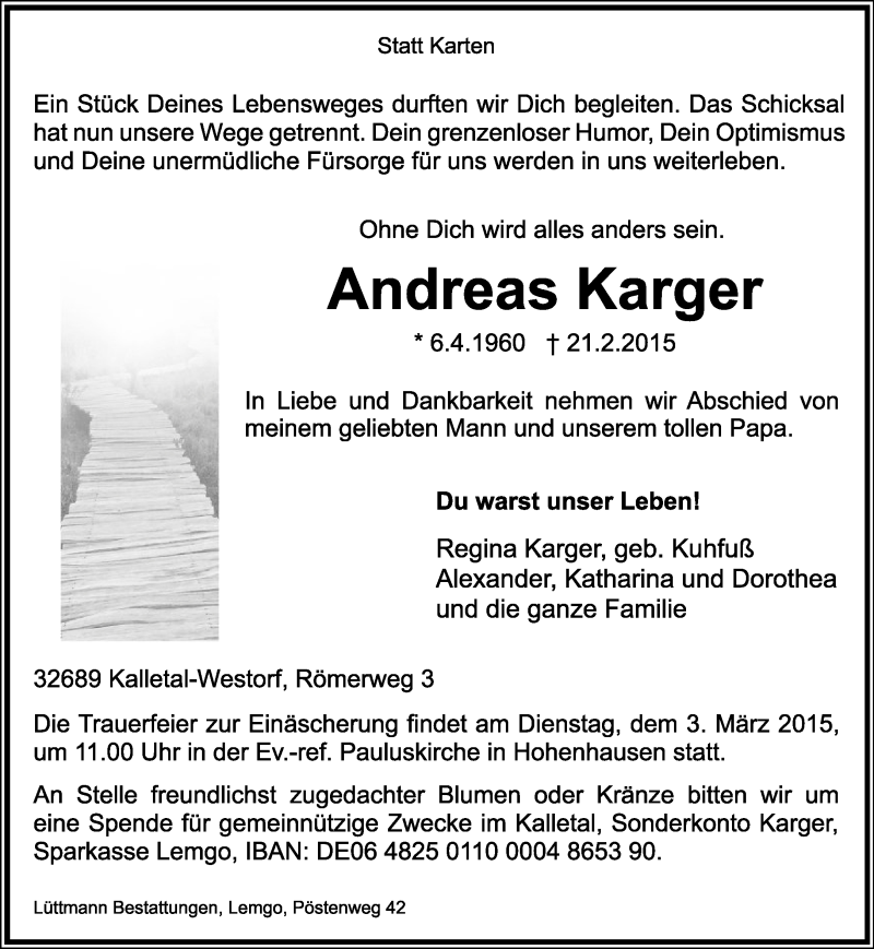  Traueranzeige für Andreas Karger vom 25.02.2015 aus Lippische Landes-Zeitung