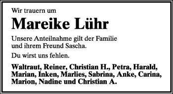 Anzeige  Mareike Lühr  Lippische Landes-Zeitung