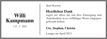Anzeige  Willi Kampmann  Lippische Landes-Zeitung