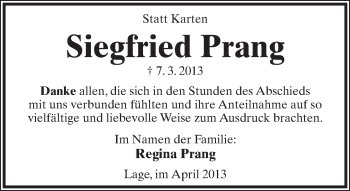 Anzeige  Siegfried Prang  Lippische Landes-Zeitung