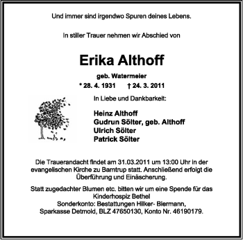 Anzeige  Erika Althoff  Lippische Landes-Zeitung