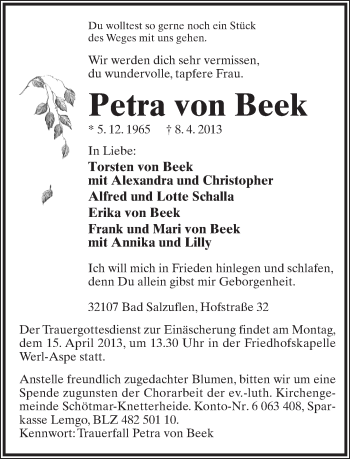Anzeige  Petra von Beek  Lippische Landes-Zeitung
