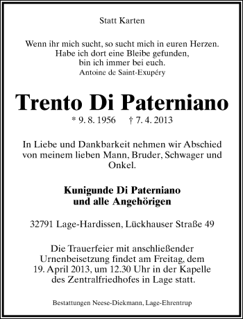 Anzeige  Trento Di Paterniano  Lippische Landes-Zeitung