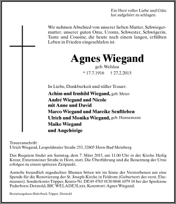 Anzeige  Agnes Wiegand  Lippische Landes-Zeitung