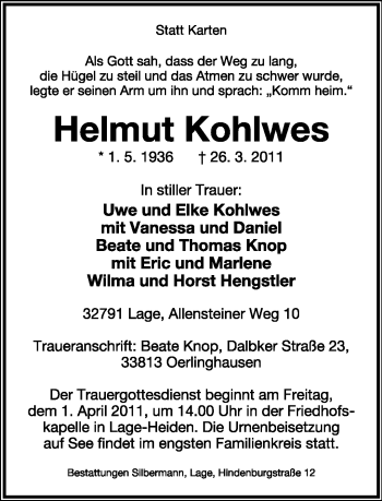 Anzeige  Helmut Kohlwes  Lippische Landes-Zeitung