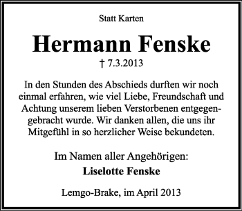 Anzeige  Hermann Fenske  Lippische Landes-Zeitung