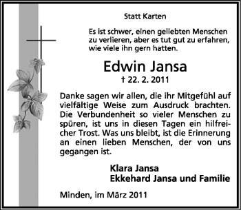Anzeige  Edwin Jansa  Lippische Landes-Zeitung