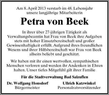 Anzeige  Petra von Beek  Lippische Landes-Zeitung