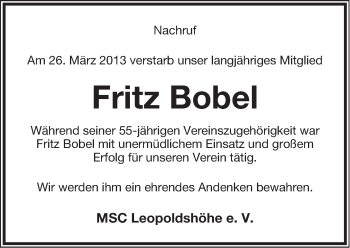 Anzeige  Fritz Bobel  Lippische Landes-Zeitung