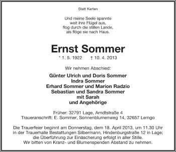 Anzeige  Ernst Sommer  Lippische Landes-Zeitung