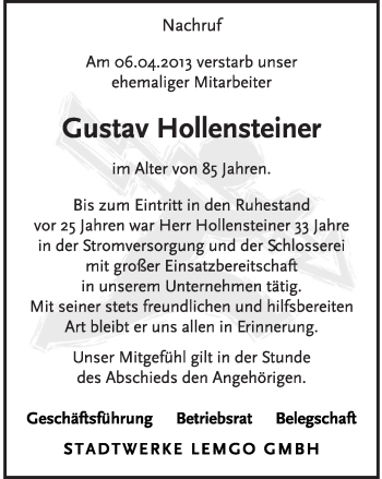 Anzeige  Gustav Hollensteiner  Lippische Landes-Zeitung