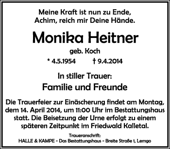 Anzeige  Monika Heitner  Lippische Landes-Zeitung