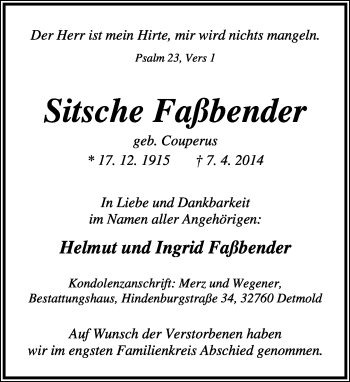 Anzeige  Sitsche Faßbender  Lippische Landes-Zeitung