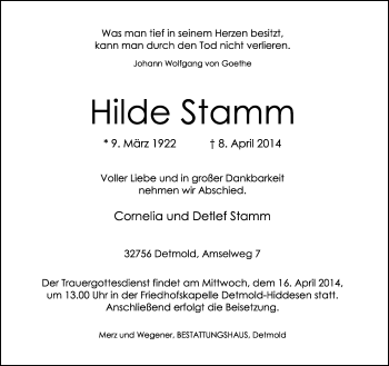 Anzeige  Hilde Stamm  Lippische Landes-Zeitung