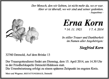 Anzeige  Erna Korn  Lippische Landes-Zeitung