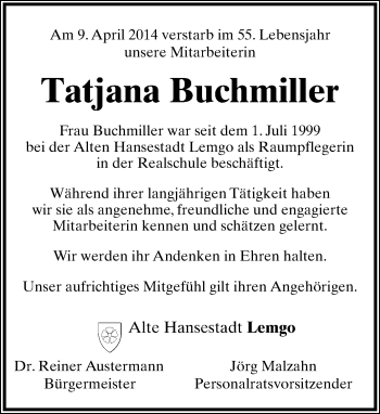 Anzeige  Tatjana Buchmiller  Lippische Landes-Zeitung