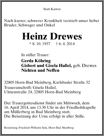 Anzeige  Heinz Drewes  Lippische Landes-Zeitung