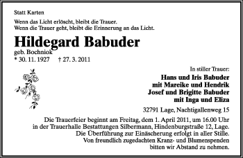 Anzeige  Hildegard Babuder  Lippische Landes-Zeitung