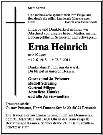 Anzeige  Erna Heinrich  Lippische Landes-Zeitung