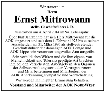 Anzeige  Ernst Mittrowann  Lippische Landes-Zeitung