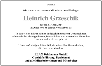 Anzeige  Heinrich Grzeschik  Lippische Landes-Zeitung