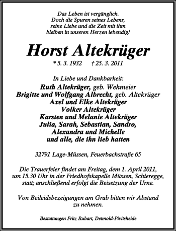 Anzeige  Horst Altekrüger  Lippische Landes-Zeitung